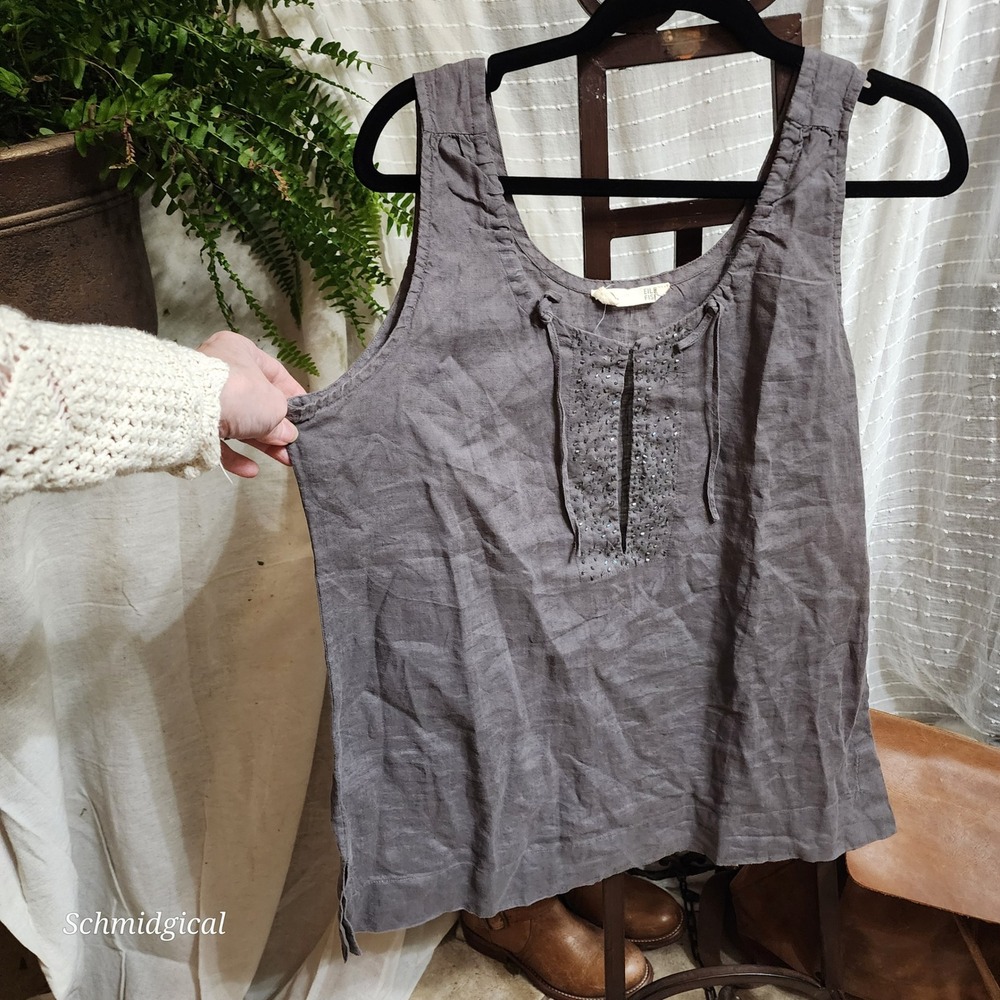 Eileen Fisher Gray 100% Irish Linen Beaded Split Neck Tank Top Womens Medium